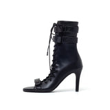 Double Strap Lace-Up Open Toe Heel(Black)