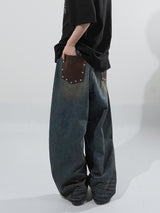 (UNISEX) バックレザーワイドデニムパンツ