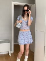 シフォンラベンダーフラワー半袖ブラウス