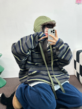 ストライプフリースワンサイドストリングアノラックニットスウェット 💙🩶🧡3COLOR