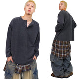 Over Waffle Henley Neck Long Sleeve Tee