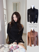 Turtleneck Layered Long-Sleeved Knit Cardigan