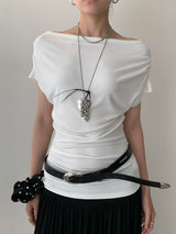 Design Open Shoulder Slim スパンデックス半袖Tシャツ