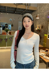 Pearl Bow V-neck V-neck V-neck Long Sleeve T-shirt