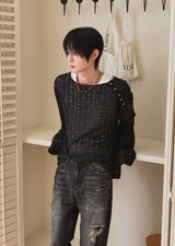 26SS★ [PLAN MADE/MADE]スラント スナップ ダメージ ニット