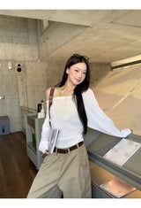 ルーズフィットオフショルダーレイヤードセットロングスリーブTシャツ