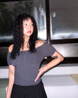 (3color) Dot Shirring Neck Off-Shoulder Puff Tee