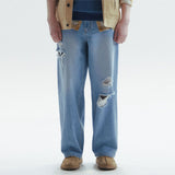 DAMAGED CUTTING DENIM PANTS-BLUE(M)