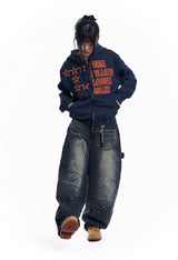 Curved Double Knee Denim Pants - Black