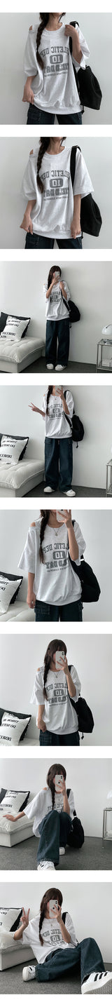 Verbe Unbalanced Shoulder Slit Short Sleeve Sweatshirt