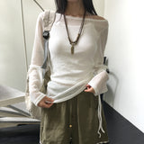 レガン オフショルダー シースルー シャーリング 長袖ニット