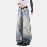 Hand-Painted Distressed High-Waisted Wide-Leg Jeans