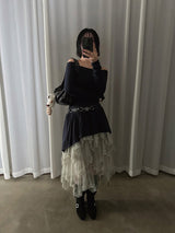 バレットオフショルダーアンバランスミニドレス (NAVY)