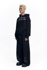 Lettering Embroidered Hoodie Zip-Up - Black