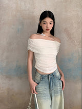 ムード刺繍フライオフショルダーTシャツ