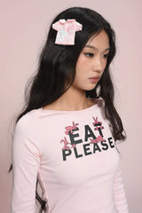 eat me plz * ラビットプリントライトピンクウエストバンドフィッテッドセブンスリーブTシャツ