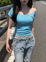 Danley Lip Neck One-Shoulder Raglan Short Sleeve T-Shirt