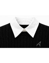 Elysia Contrast Collar Rib Knit Shirt Black