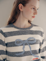 WOOL BLENDED RIBBON STRIPE KNIT WH+GY
