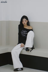 wide neck lettering normal fit long-sleeved T-shirt
