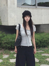Asso Stripe Lace Puff Bolero Slim Short Sleeve T-Shirt