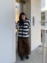 Panple Stripe Wool Hood Knit Cardigan