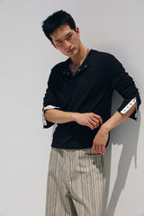Contrast ribbed henley long Sleeve(Black)