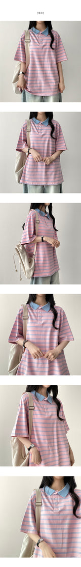 Melba Color Stripe Dangara Collar Short Sleeve Tee