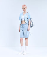 85-VIVAJ055 Textured Round Crop Tweed Half Jacket Sky Blue