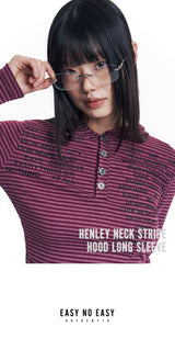 Henley Neck Stripe Hood Long Sleeve - Wine