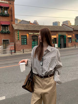 French checkered pocket loose fit long-sleeved shirt