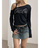 [F/W] Shirring logo off shoulder t-shirts(2color)