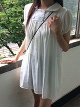 Selly Button Round Collar Puff Sleeve Frill One Piece