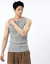 Ribbed Henley-Neck Sleeveless Top Gray