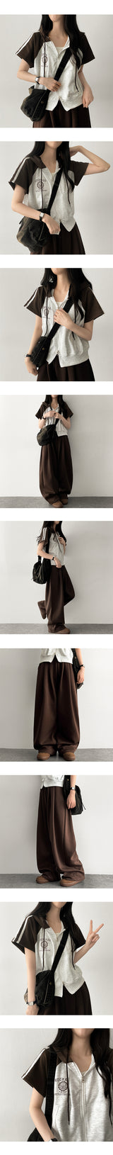 Coming Two-Way Line Coloring Short Sleeve Hooded Zip-Up