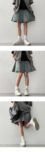 fluid washed pleats denim miniskirt