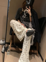 Lace ribbon banding wide pants