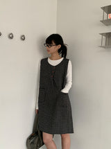ガンスリン チェック スリーブレス ボタン ワンピース