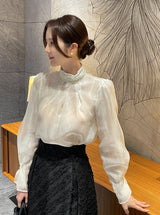 Loet Pintuck Pearl Sheer Lace Blouse