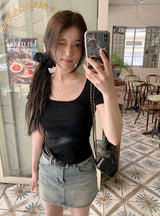 #Back Slit Square Short Sleeve Knit + Scrunchie Set (5color)