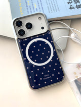 [MADE]ネイビーピンクドット エポキシ シルバー MagSafe iPhoneケース