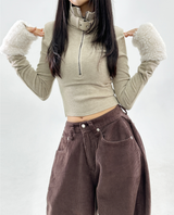 (Y2K/UNIQUE + HIP🧸🤎) FUR POINT BELT POINT HALF-ZIP WARMER