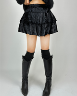 (SUPER CUTE/BUILT-IN SHORTS/ELASTIC WAIST♥) 2 COLORS ベルベットカンカンフレアストレッチミニスカート