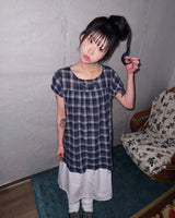 (2color) Double Button Check Flare Blouse