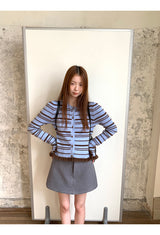 Blue stripe frill long-sleeved cardigan