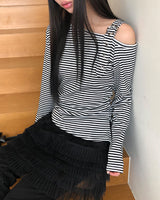 ワンデンストライプワンショルダーシャードTシャツ