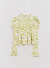 Flower Pattern Crease Ruffle Blouse Yellow
