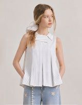 Cerise Unbalance Collar Stripe Sleeveless Blouse White