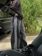 Gradient washing waist strap adjustable string three stripe track denim pants (2 colors)