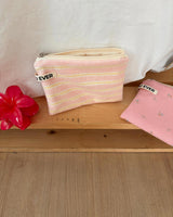 Terry candy stripe flat pouch - pink , S size